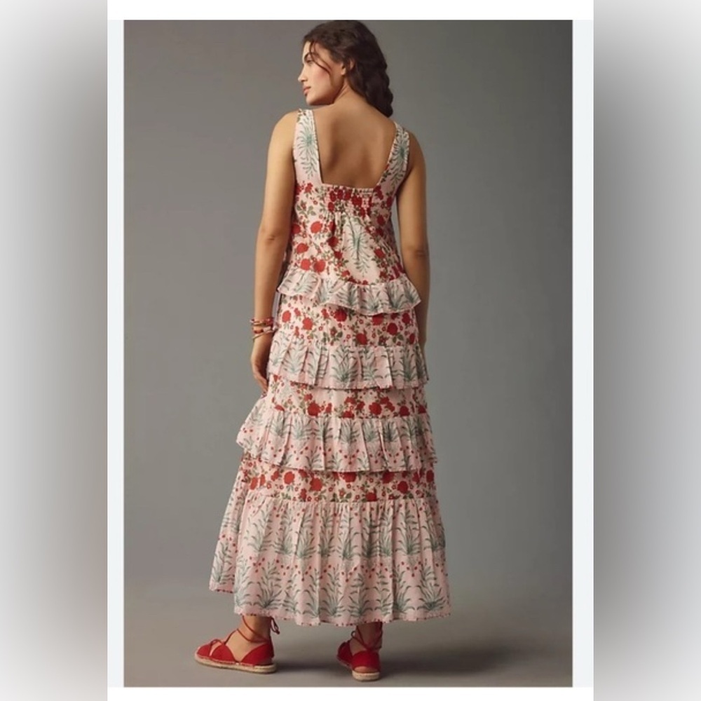 ANTHROPOLOGIE Sz M Floral Tiered Maxi Dress With Ruffles and Smocked Bodice - Picture 3 of 13